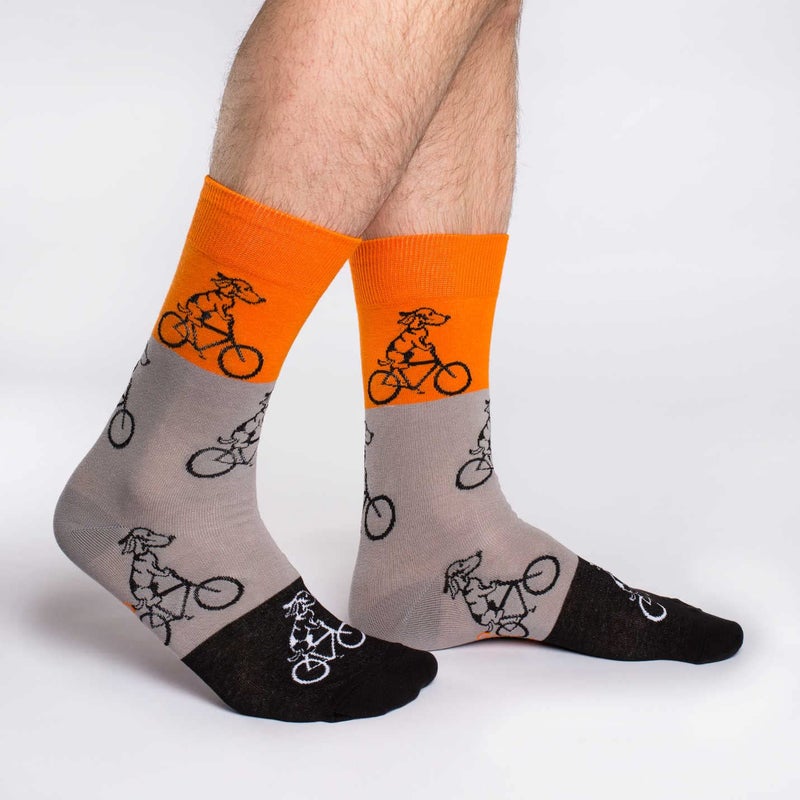 Good Luck Sock Men's Orange Dogs Riding Bikes Crew Socks, Shoe size 7-12, Orange/Grey - Image 2
